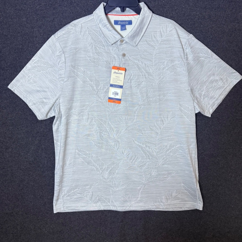 Seapointe Mens XXL Polo Shirt Gray Tropical Leaf Short Sleeve Golf Resort Church